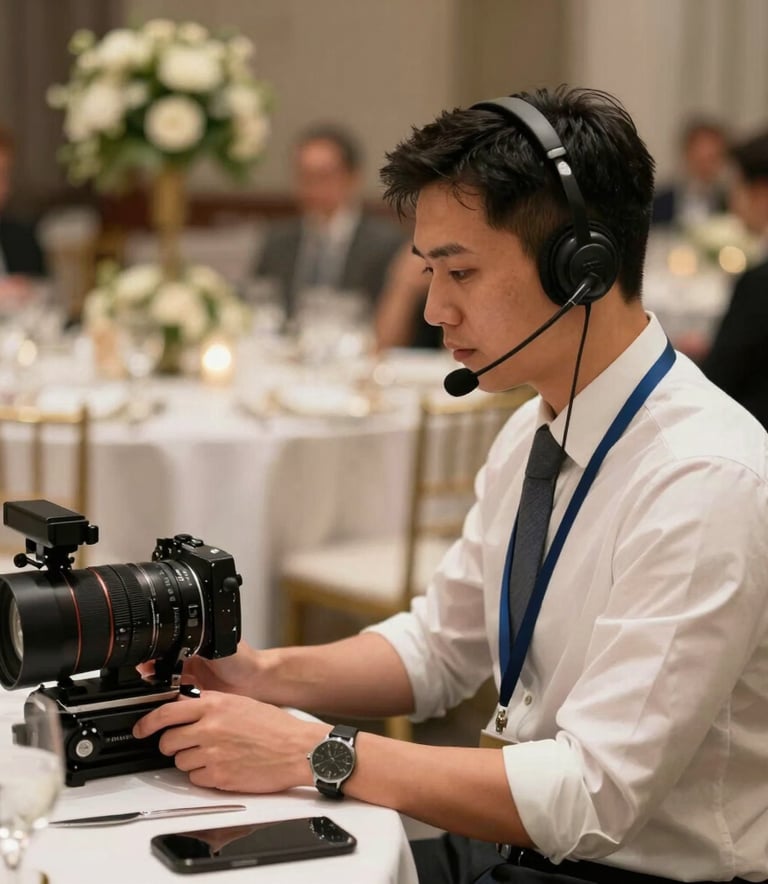 A sophisticated event coordinator with a headset overlooking a grand North American gala setup, emphasizing professional organization and detail.