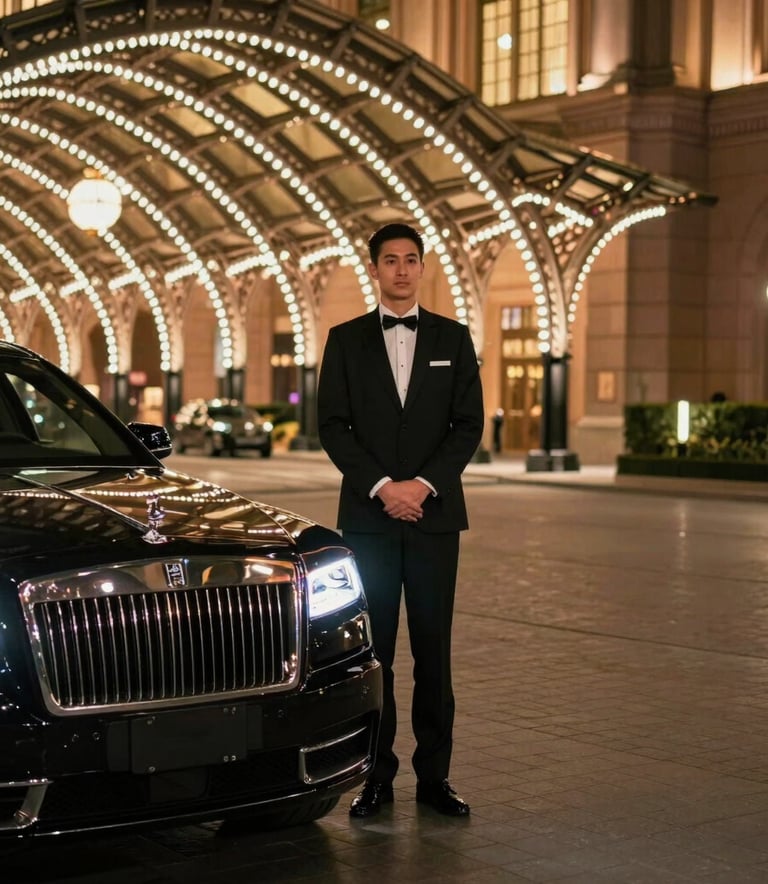A valet attendant in a professional black uniform standing by a luxury vehicle in a grand North American hotel driveway at night. The scene is illuminated by glowing architectural lights, emphasizing a sense of premium service and security.