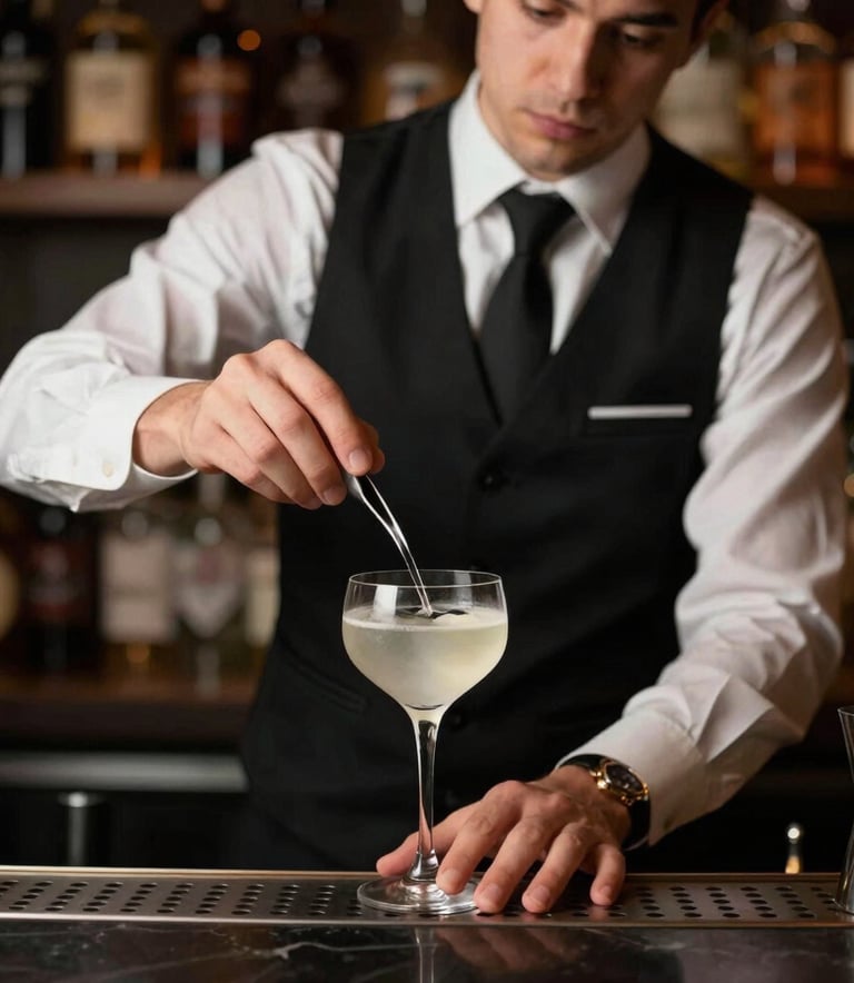 A professional bartender in a crisp white shirt and black vest expertly preparing a cocktail in a high-end North American lounge. The lighting is moody and elegant, highlighting the clarity of the glassware.