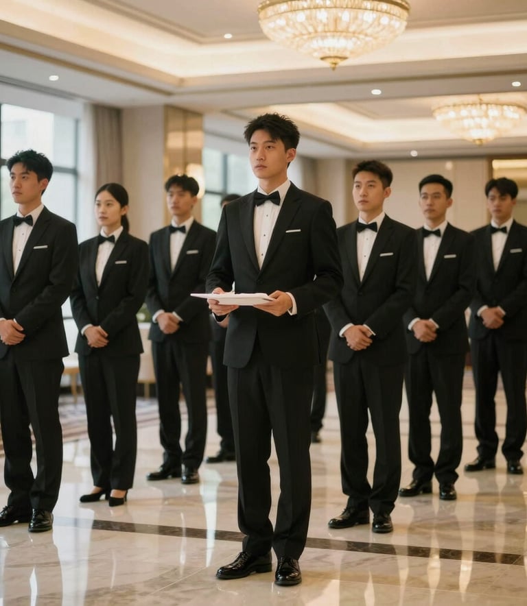 A group of professional servers in formal black-tie attire standing in a disciplined row inside a luxury North American hotel ballroom, soft lighting reflecting off polished floors.