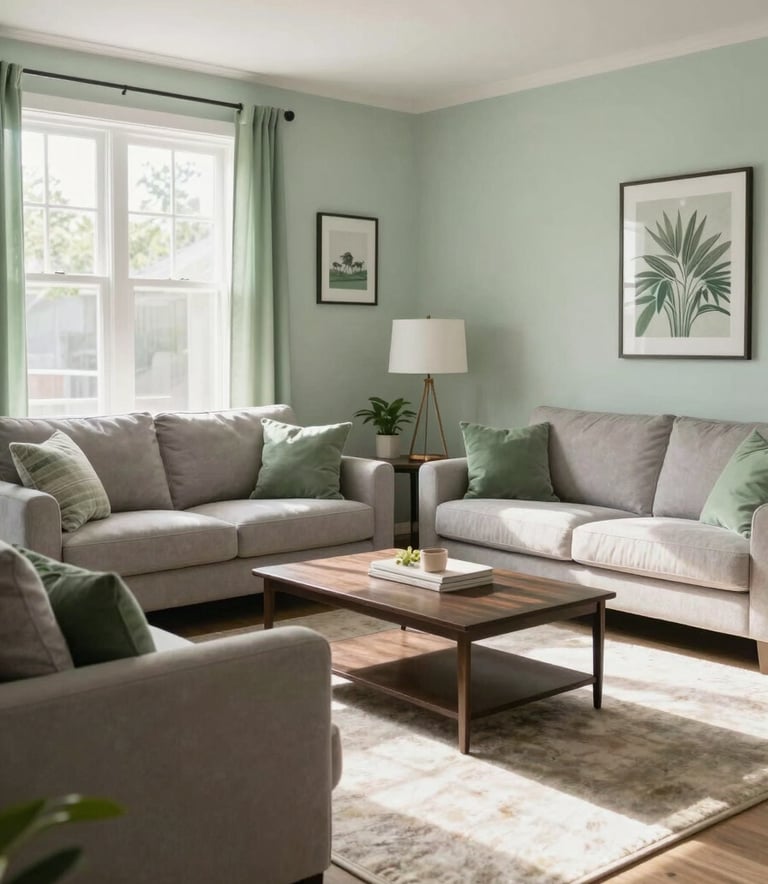 A bright, sunlit North American living room in Orlando, Florida, appearing clean and safe after professional remediation, with light gray and fresh green decor.