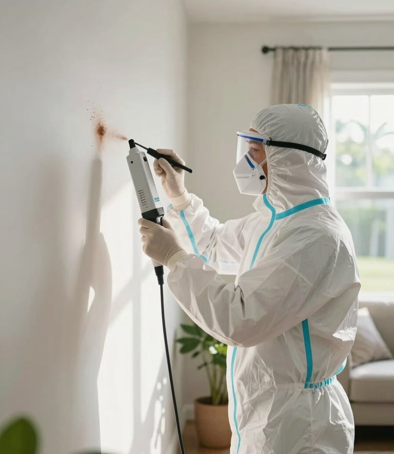 A professional mold remediation specialist wearing a white protective suit and mask, using a high-tech sensor to inspect a wall in a sunlit North American / Floridian living room, clean and bright composition with fresh green accents.