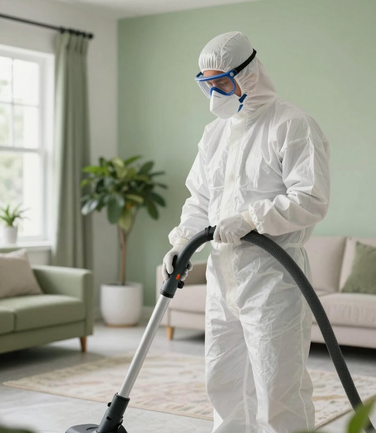 A professional mold remediation technician in a white protective suit and mask using a high-grade HEPA vacuum in a modern North American / Floridian home interior with fresh green accents.