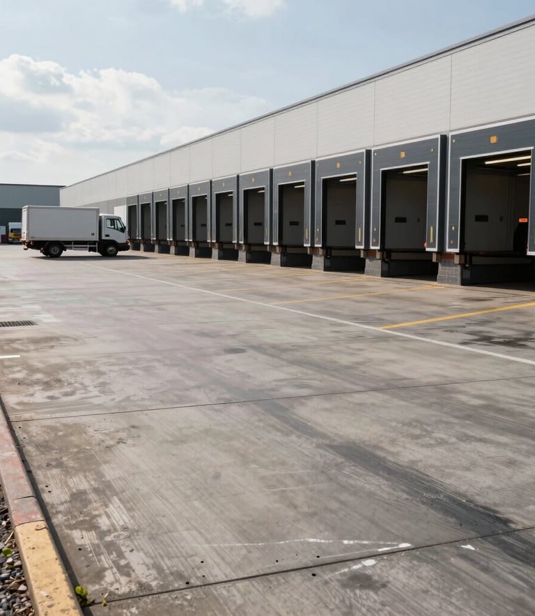 A wide-angle shot of a busy commercial loading bay in the UK with a clean, recently repaired ground surface. A delivery vehicle is visible in the background. The lighting is bright and the scene looks professional and well-maintained.