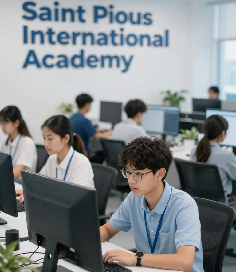 A high-tech computer lab inside Saint Pious International Academy, students learning with focus, clean and modern interior, lighting is bright and professional, incorporating a palette of #0C1E3A and #8FA8B8.