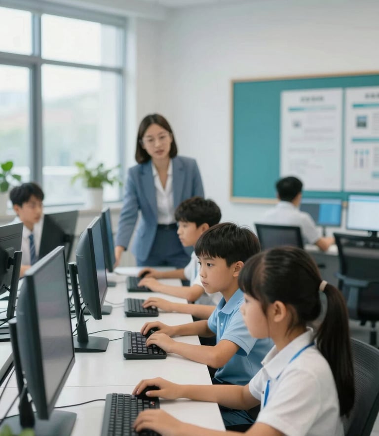 A bright, modern computer lab with young students (8-12 years old) focused on screens, a teacher providing guidance. The room is clean and professional, featuring accents of #2B557C and #8FA8B8 in the furniture and decor. Natural light coming from large windows.