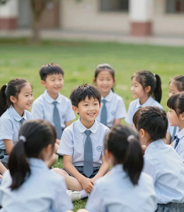 A group of happy children in neat school uniforms sitting together in a lush green school garden. The lighting is warm and nurturing. Colors include soft blues and whites matching the #8FA8B8 and #E7EFF4 palette.