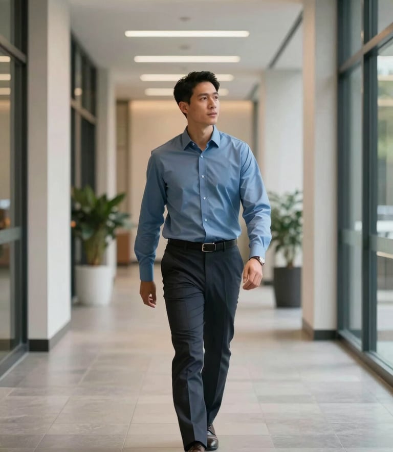 A professional property manager in a muted blue shirt walking through a modern commercial building corridor in North Carolina. Soft lighting, clean architecture, sophisticated atmosphere.