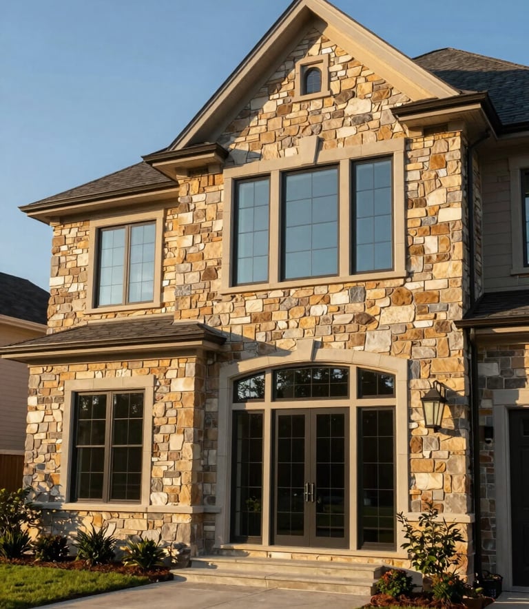 A luxury residential home in the North Carolina metro area with Warm Sand stone accents and large windows. The style is professional architectural photography with Slate Blue sky reflections.