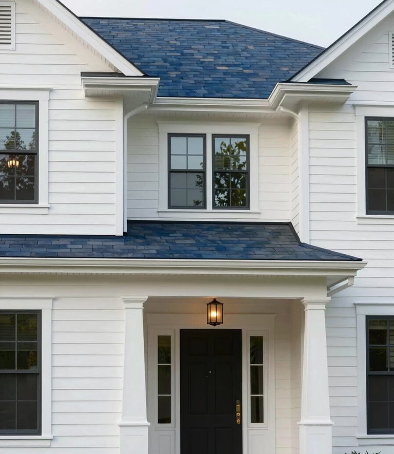 A luxury residential property in the Raleigh-Durham area. The house features soft off-white siding and dark slate blue architectural accents. Bright, professional photography.