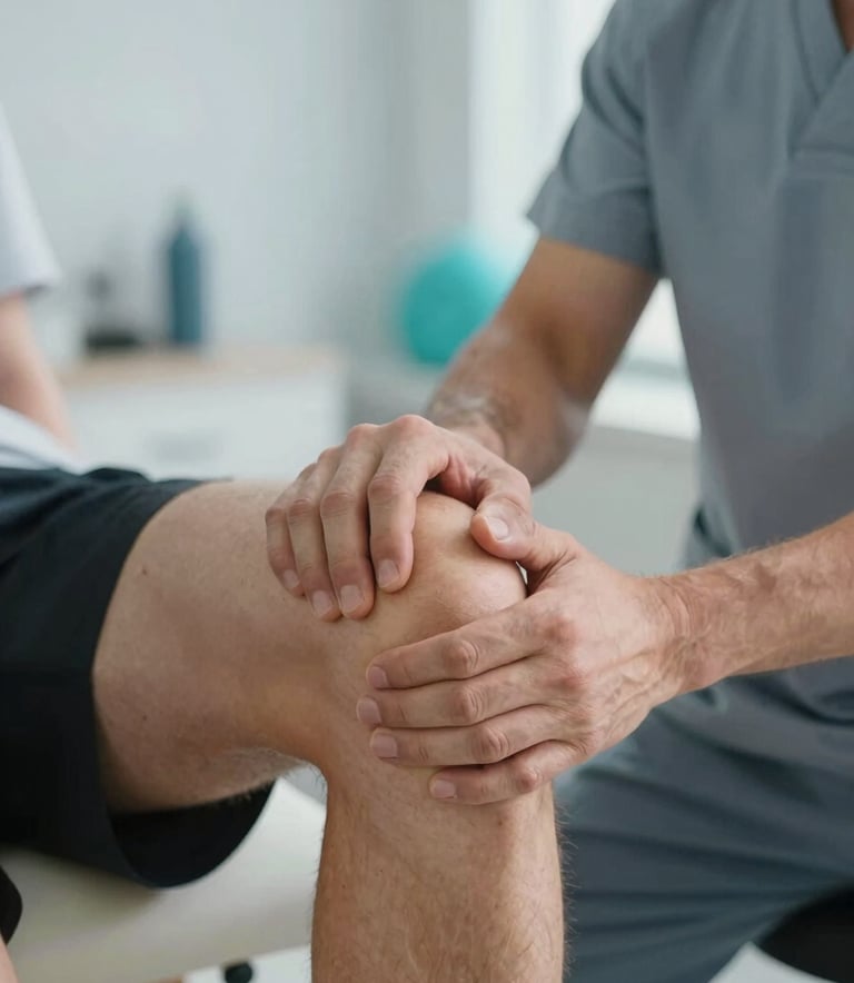 A close-up of a professional sports therapist's hands performing a biomechanical assessment on an athlete's knee. The setting is a clean, modern clinic with #D9E0E7 grey tones and #2EB6B2 accents. Bright, natural lighting.