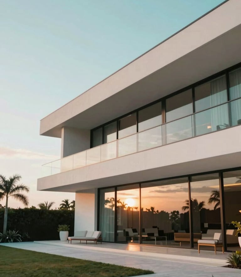 A sleek, modern architectural photograph of a luxury Florida mansion with glass walls reflecting a sunset sky. The scene is shot from a low angle, emphasizing grand proportions, using a palette of soft teal #A8C7CC and warm cream #F8F4ED lights.