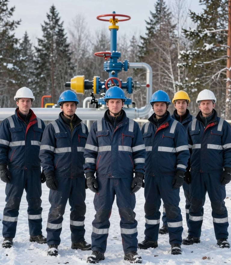 A group of professional engineers in navy blue safety gear with reflective accents, standing confidently in front of a natural gas pipeline station in a snowy Russian forest. Cold, crisp morning lighting.