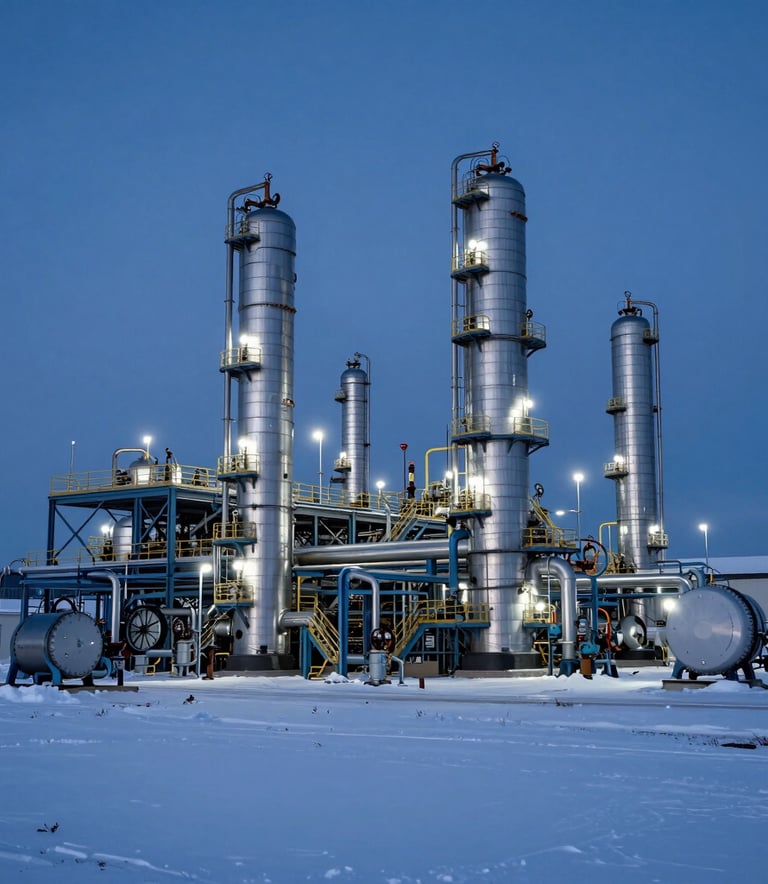 A high-tech industrial gas refinery at dusk in a snowy landscape of Northern Europe. The machinery is illuminated with soft blue lights, creating a minimalist and professional atmosphere against the dark blue sky and white snow.