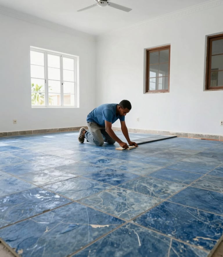 A bright, clean interior of a Jamaican home during a professional renovation. A craftsman is expertly laying large, modern slate blue tiles on a floor. The room features white walls and high ceilings typical of Caribbean architecture, capturing a sense of renewal and meticulous property maintenance.