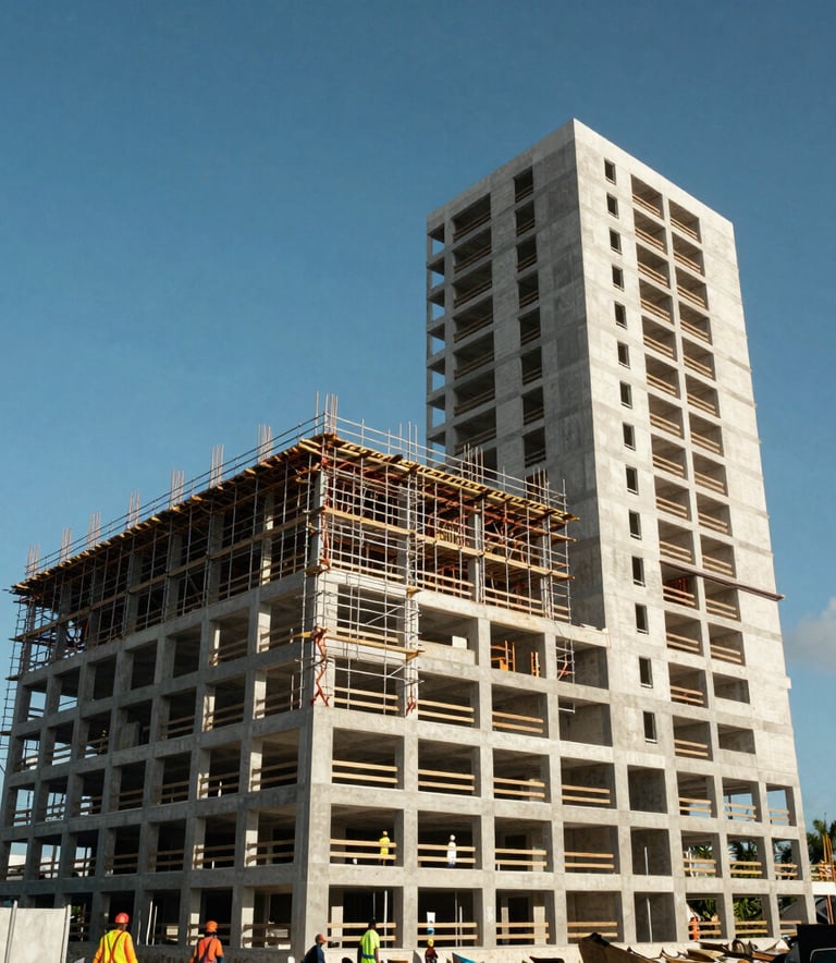 A wide-angle professional photograph of a modern Caribbean commercial building under construction with a clear blue sky, featuring workers in safety gear and clean scaffolding in a Jamaican tropical setting.