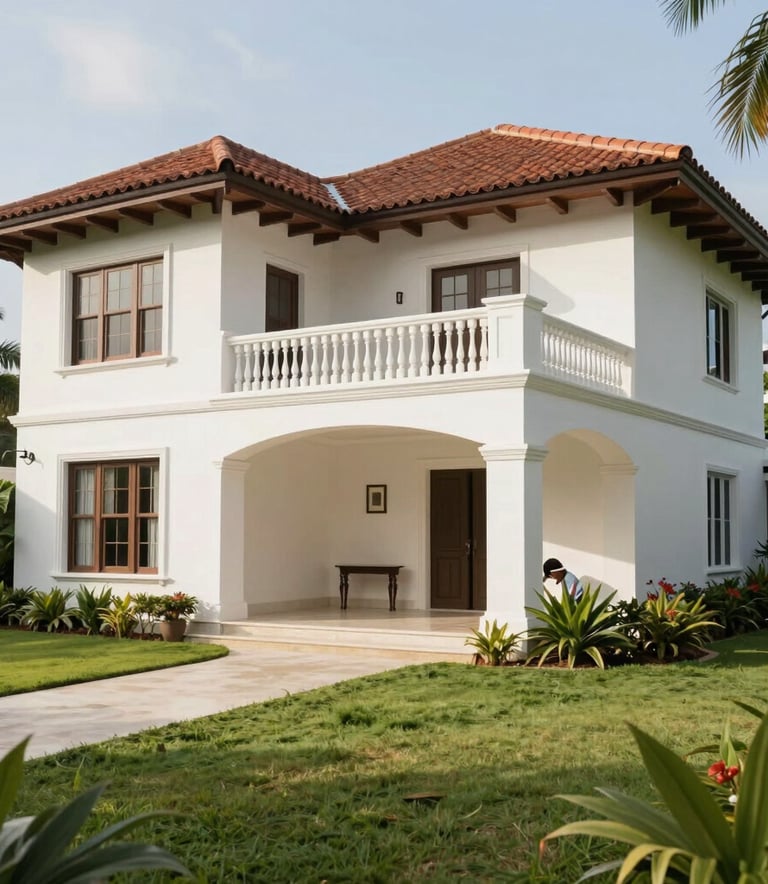 A beautiful exterior shot of a luxury Jamaican villa with freshly painted walls and manicured property grounds, showcasing high-quality renovation work and professional maintenance.