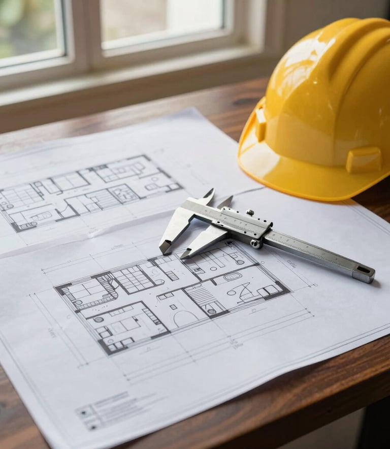 A professional architectural workspace in a Caribbean setting. Detailed blueprints and architectural drawings for a commercial project are spread across a dark wood desk. A pair of silver calipers and a hard hat sit nearby. Soft, natural light from a window highlights the precision and technical expertise of the planning stage.