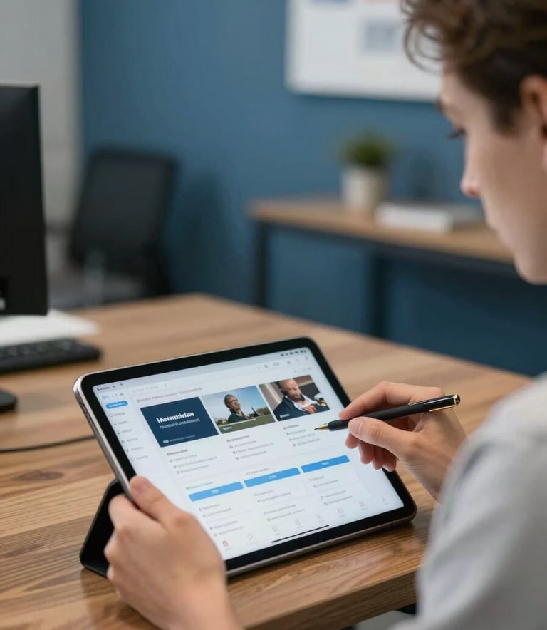 Photography of a professional in a North American / US office setting using a digital interface on a tablet, with a blurred background featuring dusty blue decor.