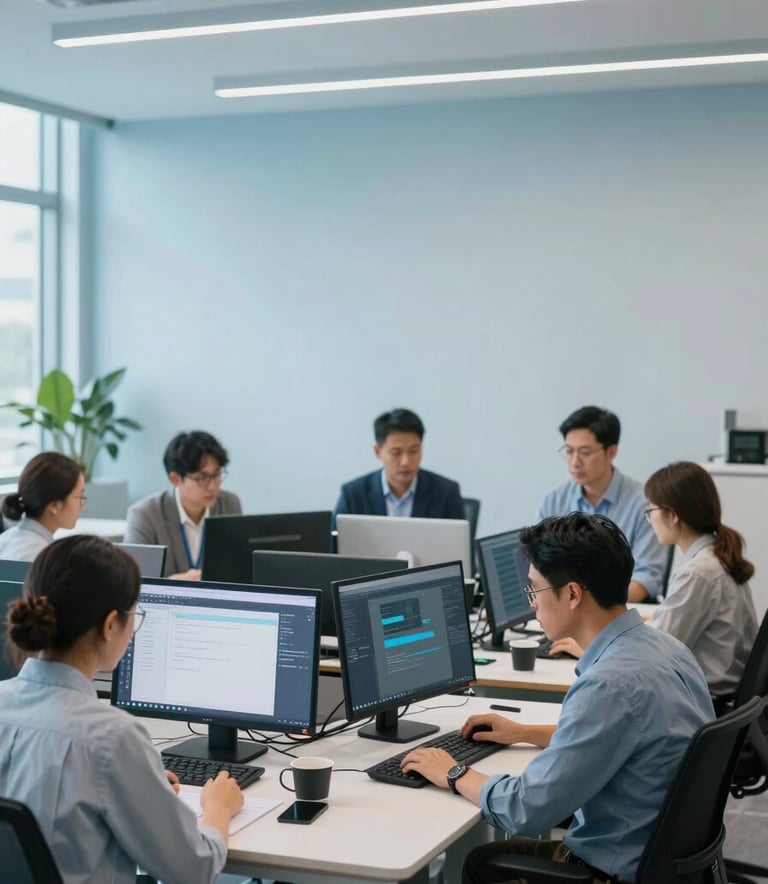 A wide shot of a collaborative workspace in a North American / US metropolitan center. Professionals are engaged in streamlined digital workflows. The environment is clean and organized, with a color scheme of Soft Ice Blue and Steel Blue accents, reflecting a sophisticated and reliable brand image.