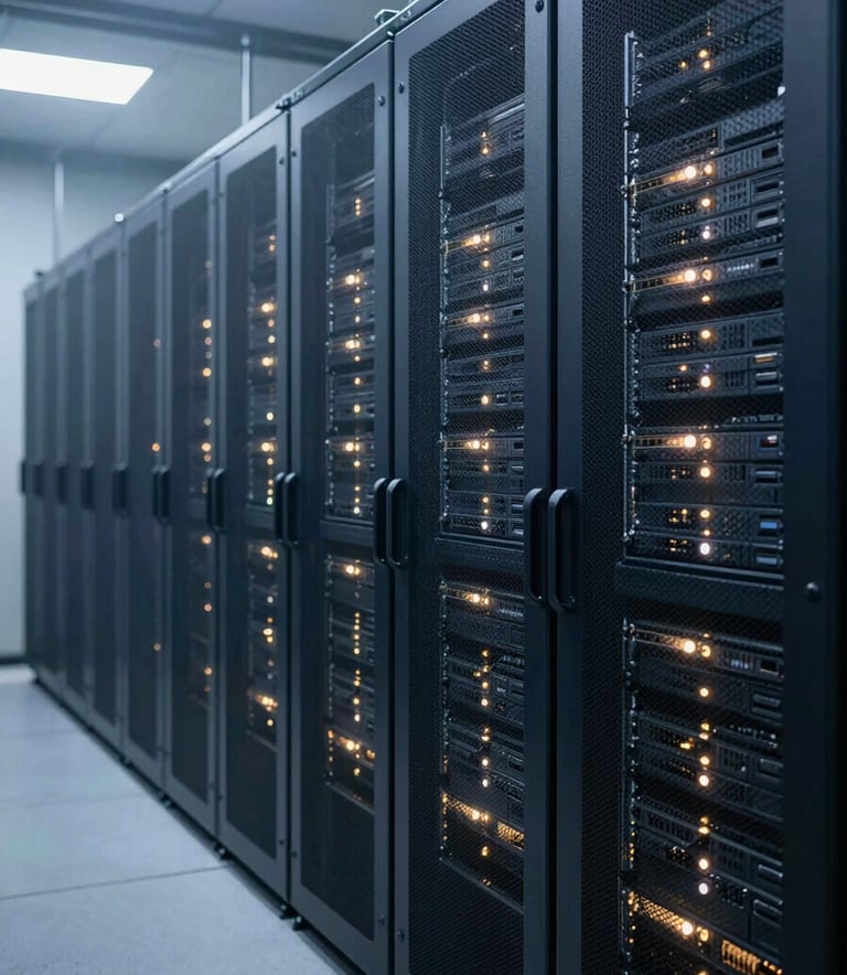 Photography of a high-tech North American / US data center with rows of deep navy server racks illuminated by soft pale mist lights, conveying modern infrastructure.