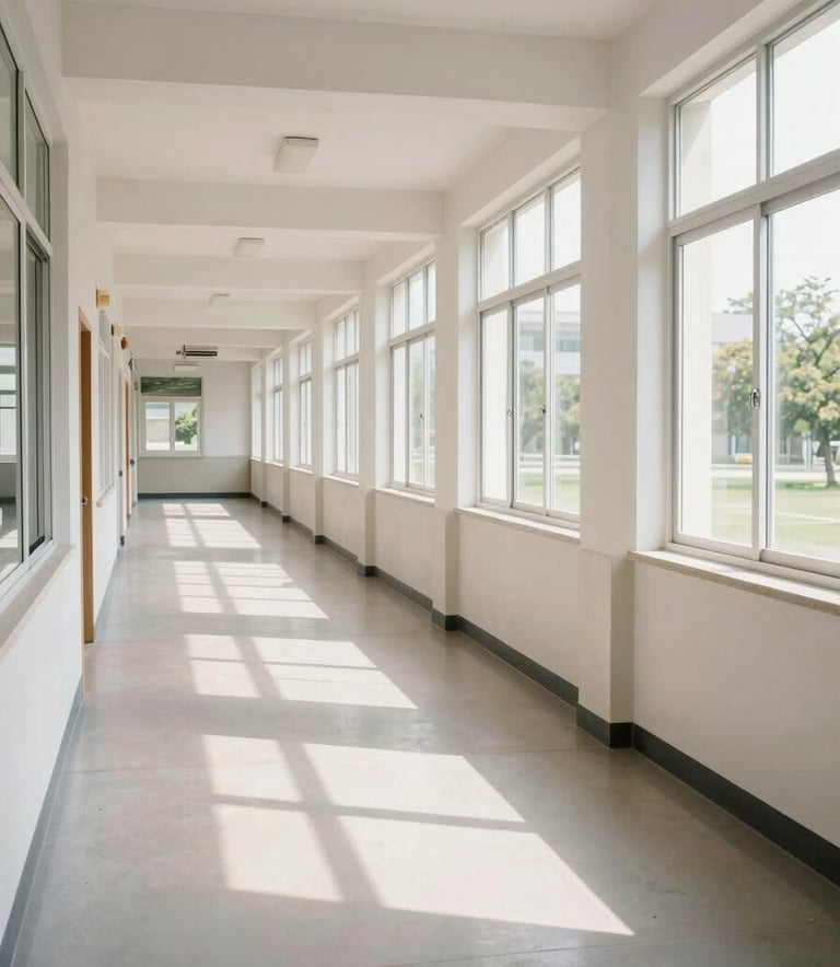 Wide environmental shot of a bright, newly painted school corridor with clean lines, natural light flooding from large windows, and secure modern fixtures.