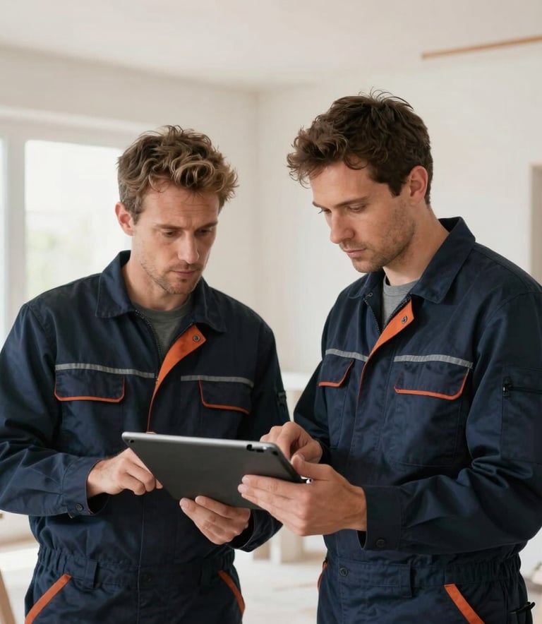 Two focused male artisans in professional navy workwear reviewing technical plans on a tablet inside a bright, modern house under renovation in Northeastern France, clean and professional atmosphere.
