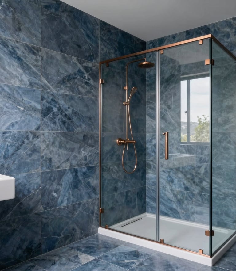 A high-end modern bathroom renovation in Northeastern France featuring sleek slate blue tiles and a minimalist glass shower, professional lighting highlighting the clean lines and copper-toned faucets, wide angle photography.