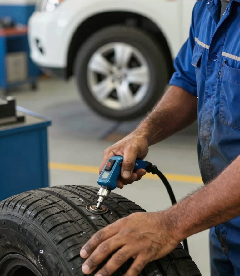 A close-up of a professional mechanic's hands in a clean workshop, using a digital tool to check tire pressure. The setting is a South American / Brazilian automotive center, with a modern and reliable atmosphere and a steel blue and off-white color palette.