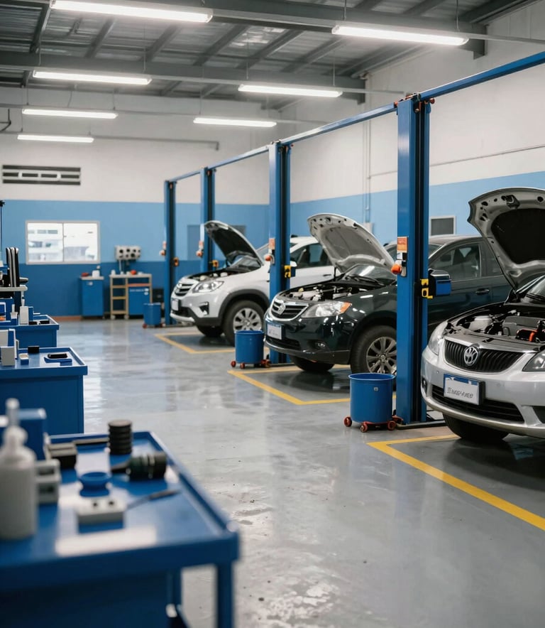 Wide shot of a clean, modern automotive service bay in Brazil, featuring organized tools and cars on lifts. The lighting is bright and professional, highlighting a steel blue and light blue environment that conveys reliability.