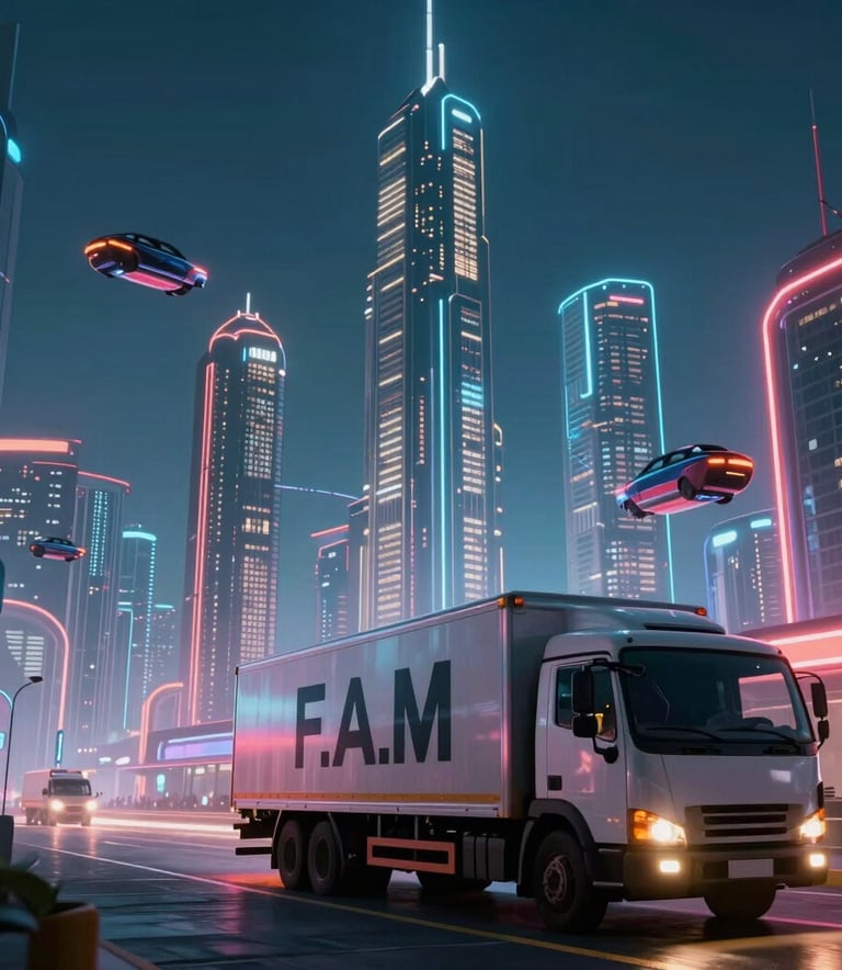 A modern white box truck driving on a clean North American multi-lane highway during a bright, clear day, showing professional branding in dark blue and medium blue tones.