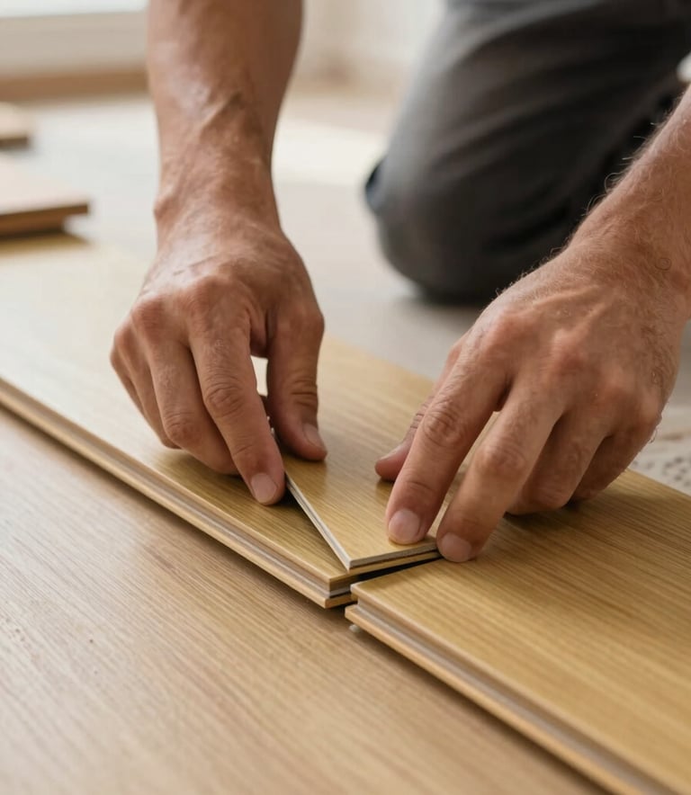 Close-up photography of a professional installer's hands precisely fitting a muted gold laminate plank into place. The setting is a bright South American / Brazilian apartment during the day. The focus is on the clean edges and the high-quality craftsmanship of the installation.