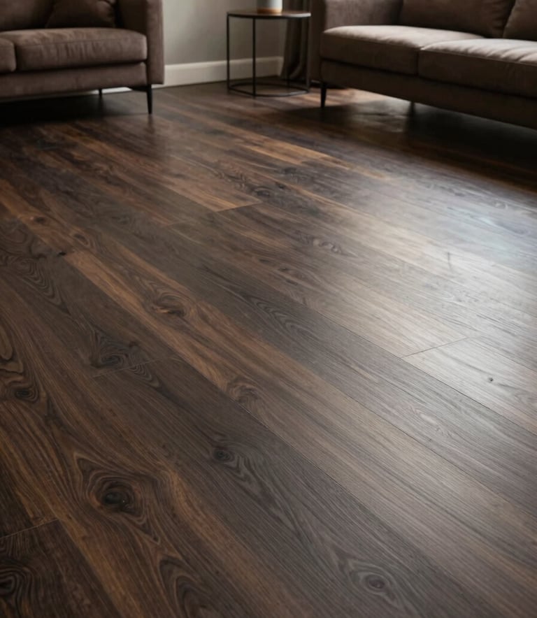 A wide shot of a modern South American / Brazilian living room featuring newly installed dark charcoal laminate flooring. The room is filled with soft natural light, highlighting the smooth texture of the wood. The decor includes minimalist furniture in deep earthy brown, creating a sophisticated and reliable atmosphere.