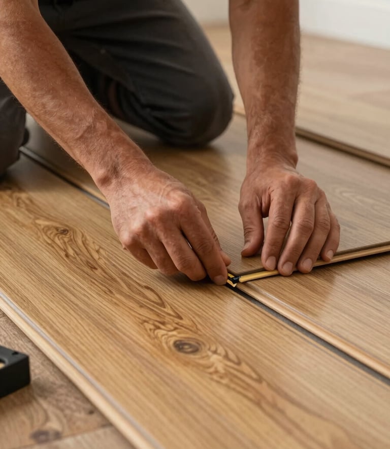Close-up of a skilled flooring professional's hands installing honey gold laminate planks in a modern South American apartment. The lighting is soft and focused on the precision of the joint, emphasizing high-quality craftsmanship.