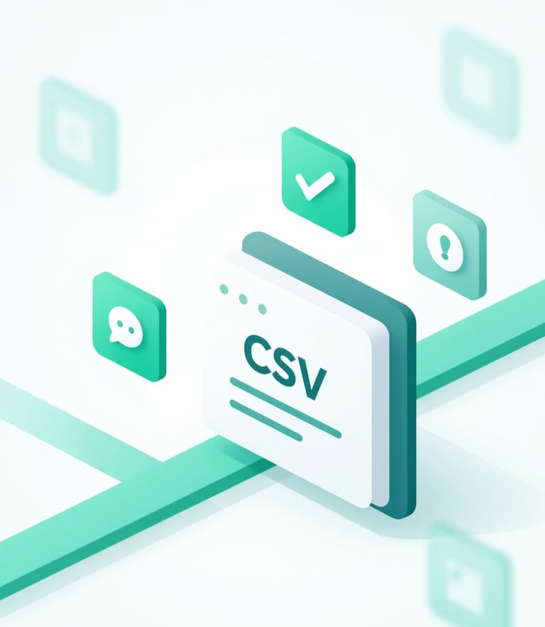 An abstract 3D representation of data flow: icons for search, verification, and enrichment moving through a pipeline into a tidy CSV file. Professional style with #3C8D7F teal accents.