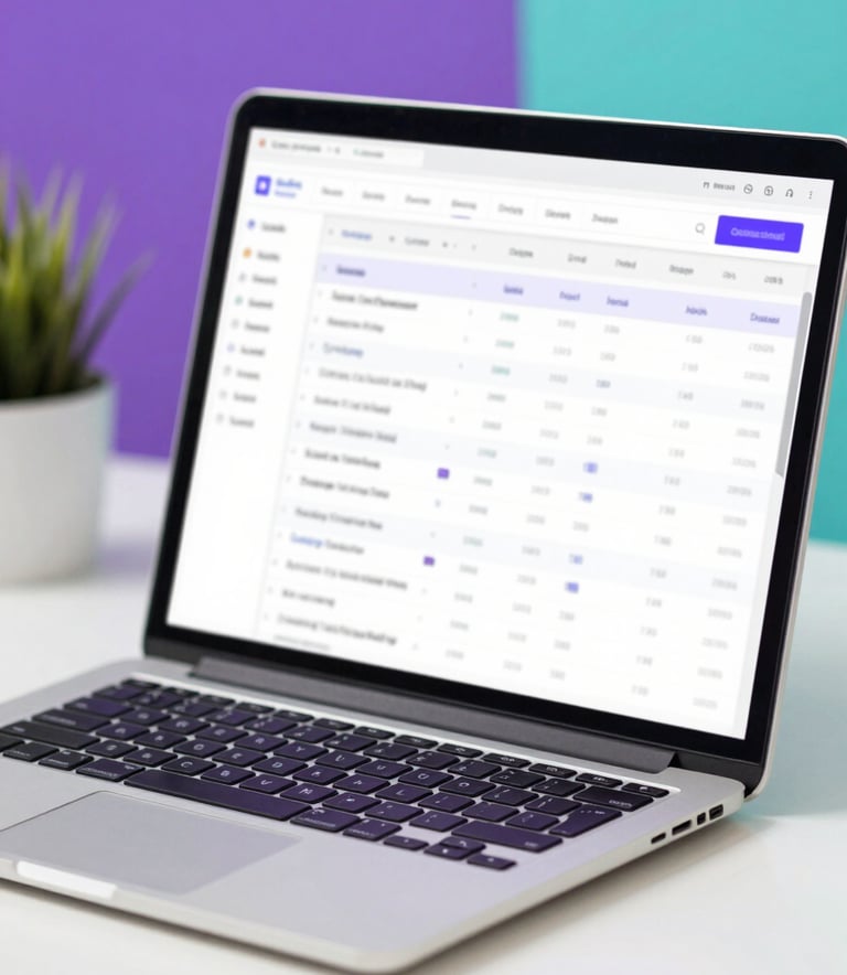 A professional setting with a modern laptop displaying a spreadsheet of leads and recruitment metrics. The lighting is bright and clean. Soft purple and teal accents appear in the background decor, reflecting a trustworthy brand vibe.