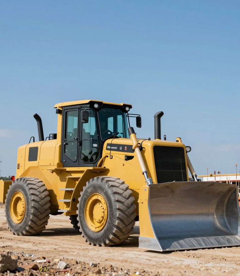 A professional high-resolution photo of a large yellow bulldozer parked on a clean construction site in the US, with a clear blue sky in the background.