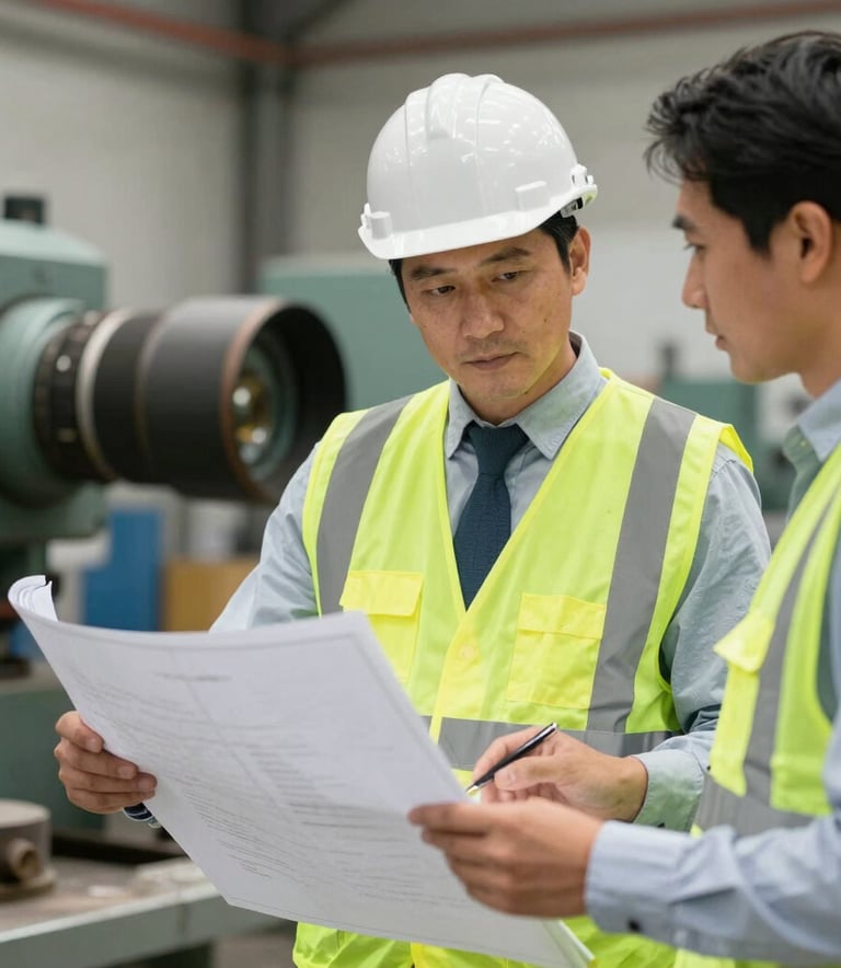 A North American business professional in a hard hat and safety vest reviewing blueprints with a client next to heavy machinery, clean professional style.