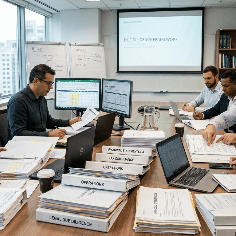 Equipe profissional realizando uma auditoria de due diligence corporativa com base em documentos fin