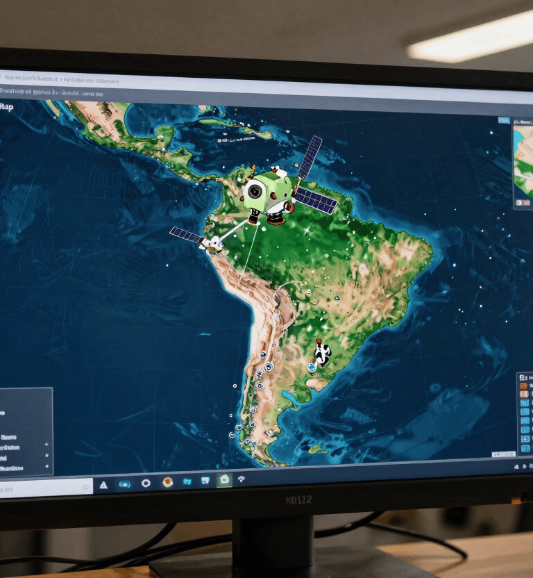Computer monitor displaying a satellite tracking map of South America for global data monitoring.