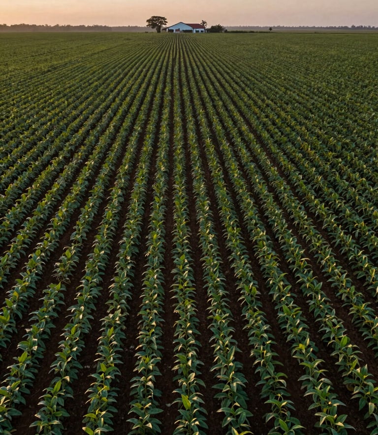 A high-angle professional photograph of a vast South American soybean plantation at dawn, showing precise rows of crops and a distant farmhouse, with soft morning light and a palette of deep greens and muted earthy tones.