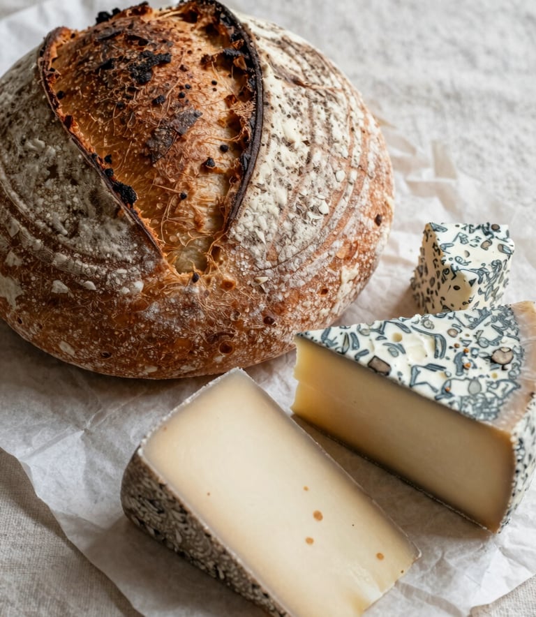 A Scandinavian-style close-up of artisanal sourdough bread and local cheeses on a crisp parchment linen cloth. North American farm-to-table aesthetic. Soft morning light, rustic textures, and professional food photography style.