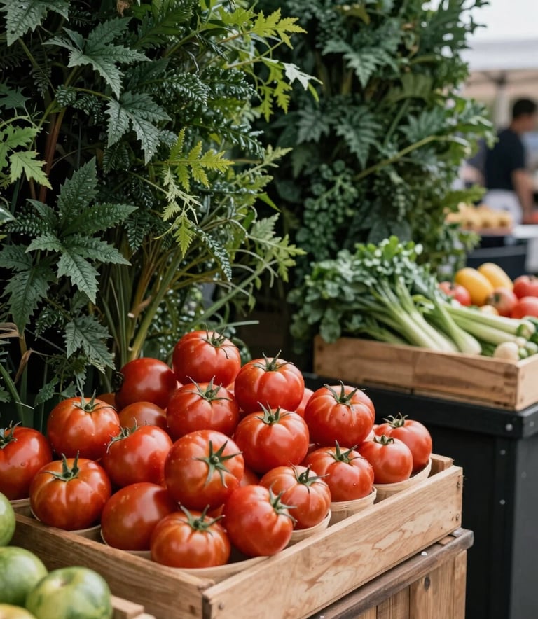 A vibrant North American local farmers market scene. Modern, minimalist stalls with fresh produce displayed in wooden crates. Sophisticated, clean composition. Natural outdoor lighting, focus on a basket of ripe red tomatoes against matte forest green foliage.