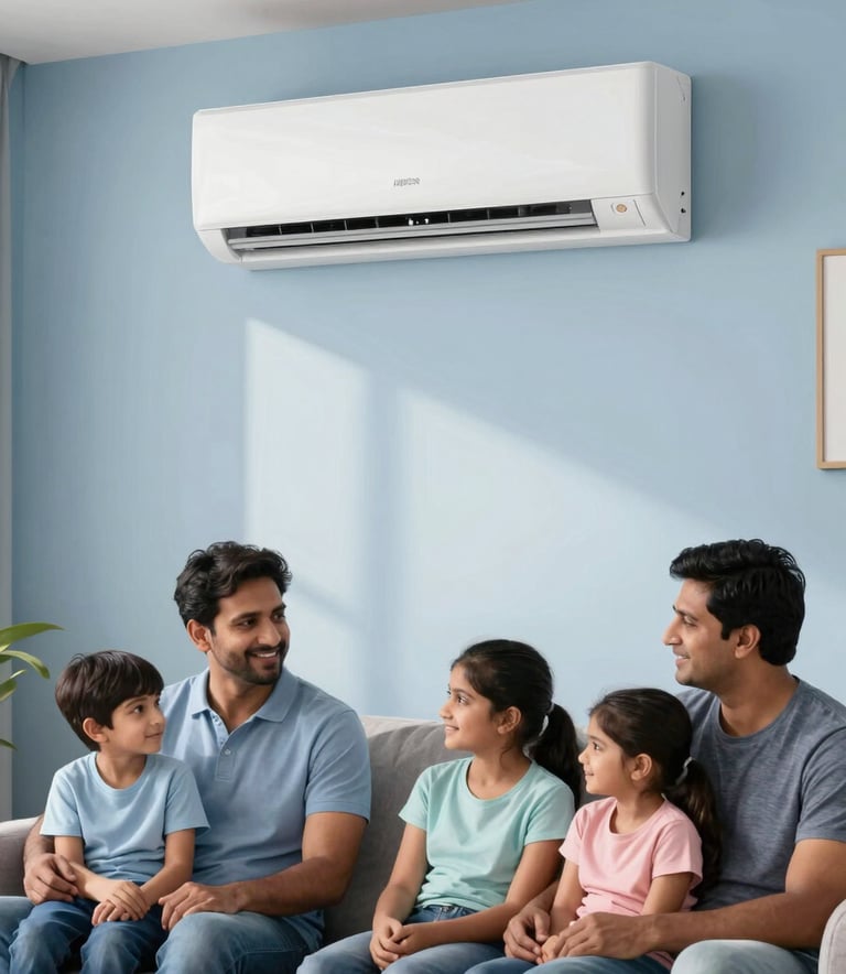 A South Asian / Indian family relaxing comfortably in a cool, modern living room while a modern split AC unit runs silently on the wall. Clean, bright daylight lighting, featuring steel blue and soft ice blue accents, conveying trust, efficiency, and ultimate customer comfort.