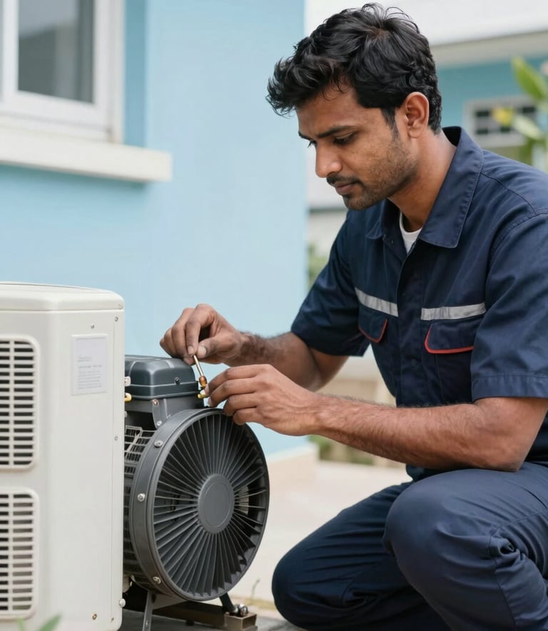 A professional South Asian / Indian AC technician in a dark navy blue uniform carefully inspecting an outdoor AC compressor unit. Bright daylight, modern residential setting, soft ice blue tones, emphasizing a reliable, efficient, and clean repair service.