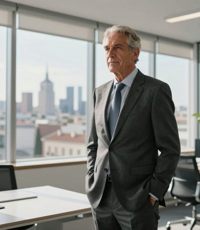 A senior financial consultant in a tailored suit, standing in a bright, modern office in Madrid with views of the skyline, confident posture, soft sunlight, Iberian Peninsula.