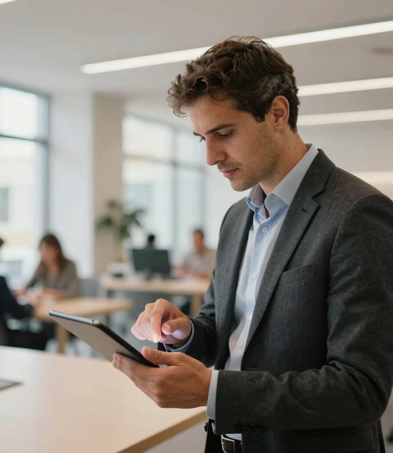 A financial consultant in professional attire reviewing data on a tablet in a bright, contemporary coworking space in Valencia. Modern architecture and soft lighting. Iberian Peninsula / Spanish.