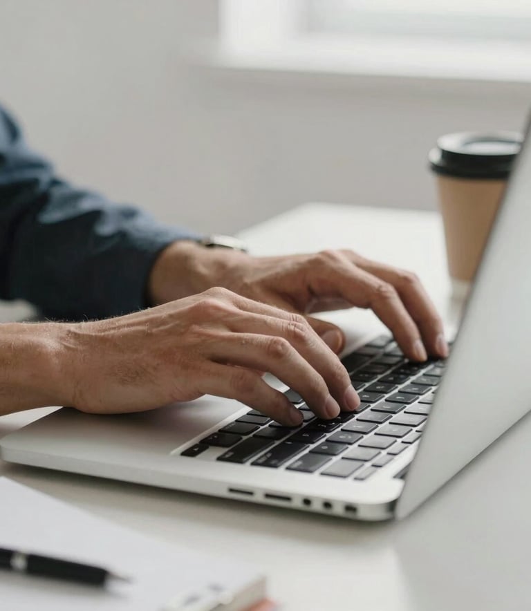 Close-up photography of a professional's hands using a high-end laptop in a minimalist, bright office in Madrid. The scene includes a coffee cup and clean stationery. Iberian Peninsula / Spanish.
