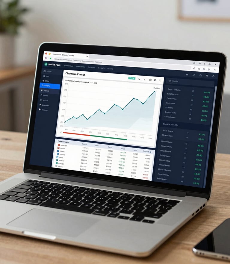 A high-definition view of a laptop screen showing a sophisticated financial dashboard with growth metrics, set in a professional and clean office in Seville, Iberian Peninsula.