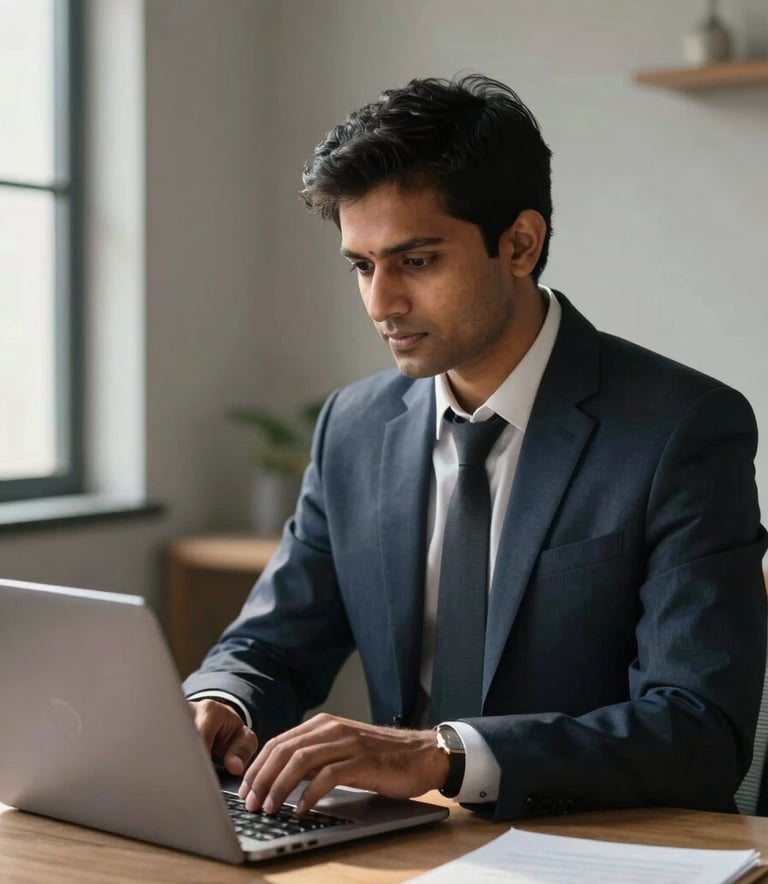 A professional South Asian individual in business attire working on a sleek laptop in a modern minimalist workspace in South India, warm natural light, cool grey and navy blue accents.